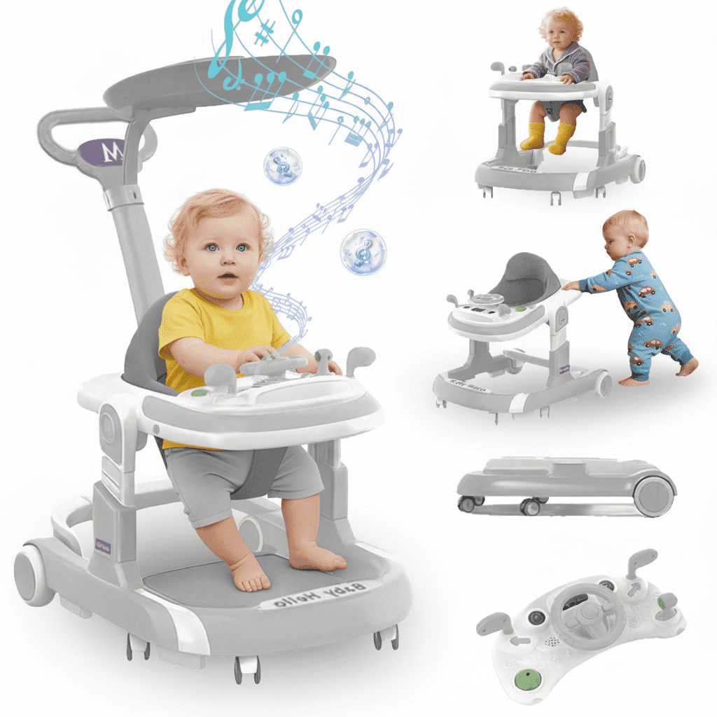 YUCHANG 4 in 1 Baby Walker with Wheels,Push Walker With Music Activity,Foldable and Height Adjustable