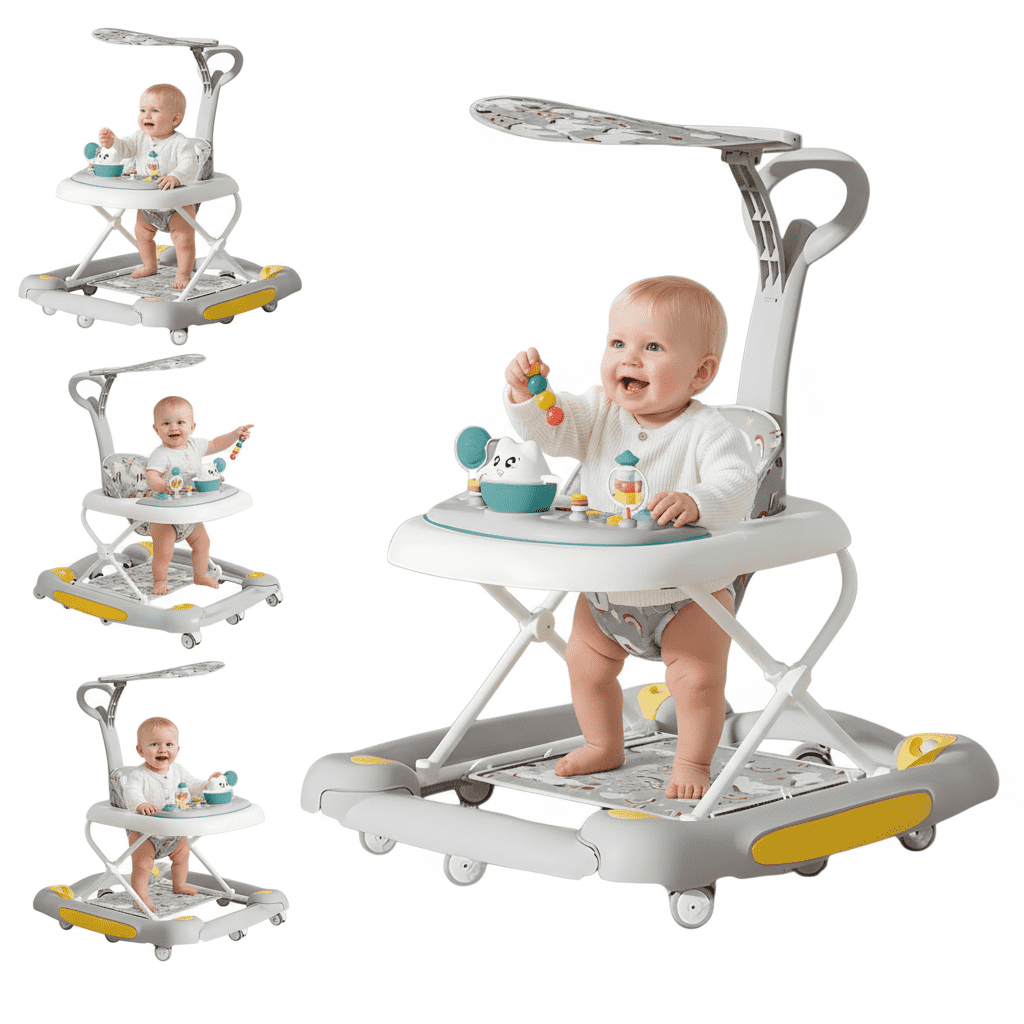 YUCHANG 5-in-1 Baby Walker - Foldable Push Walker,Height Adjustable with Wheels ,for Boys and Girls,6 -24 Months (Gray)