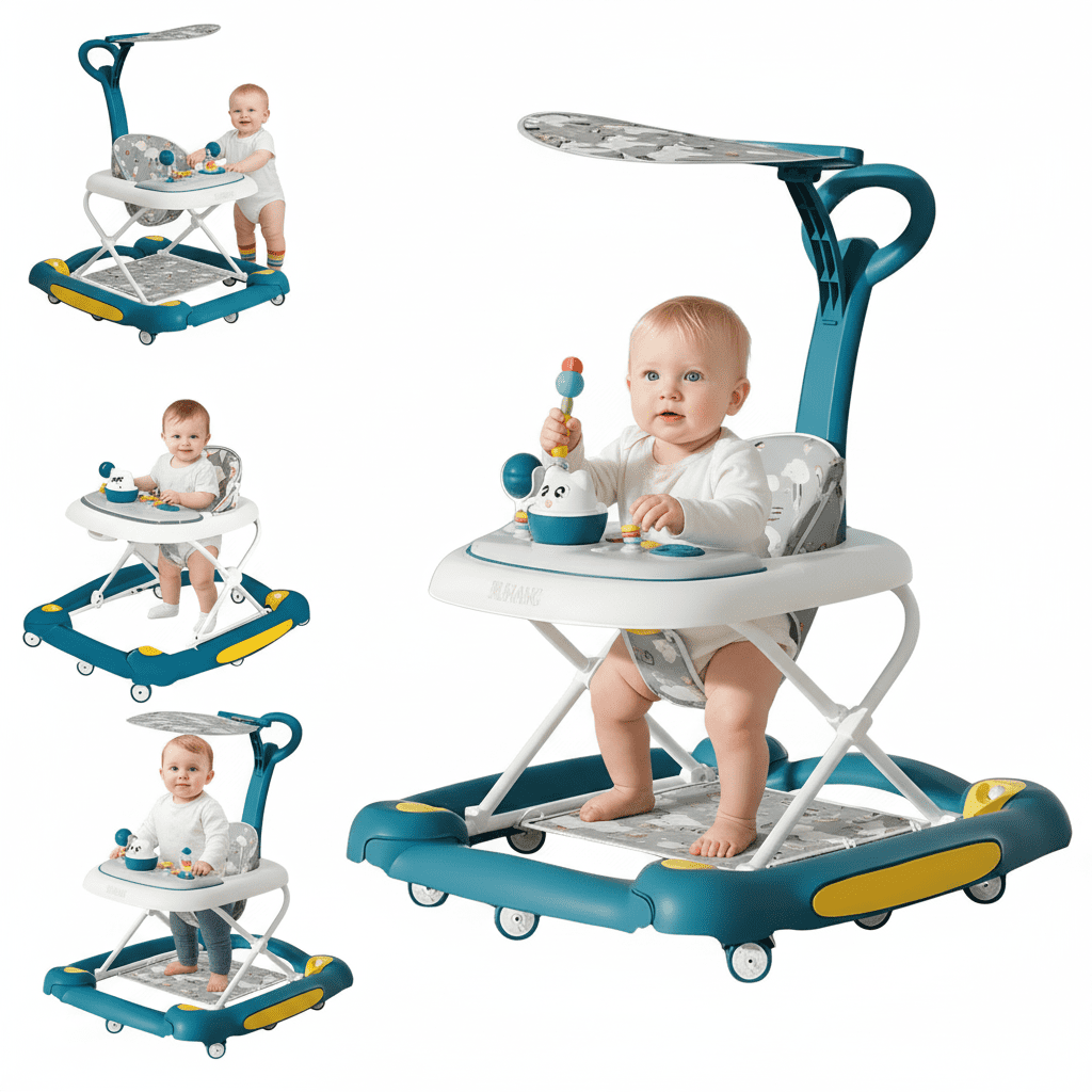 YUCHANG 5-in-1 Baby Walker - Foldable Push Walker,Height Adjustable with Wheels ,for Boys and Girls,6 -24 Months (Green)