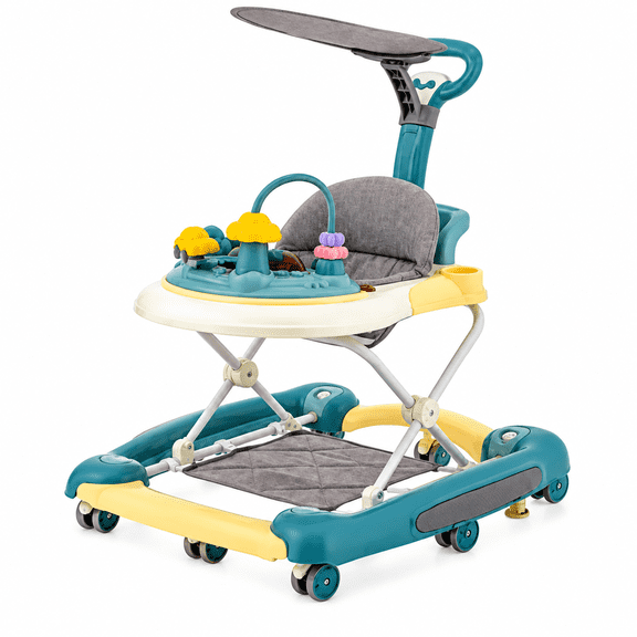 YUCHANG 5-in-1 Baby Walker & Activity Center, Foldable Push Walker with Adjustable Height & Music, Green, for 6-24 Months