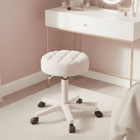 YUCHANG Adjustable Vanity Stool with wheels ,Small Vanity Chair for Makeup Room, 360° Swivel & Height Adjustable Stool for Vanity Desk Bedroom, Round Ottoman(White)