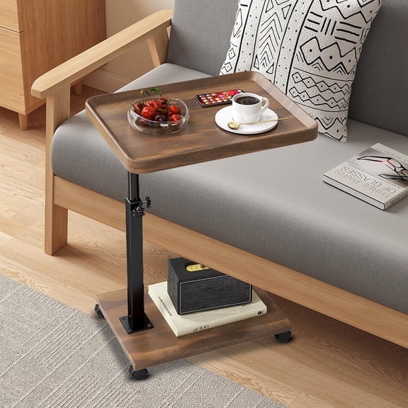 YUCHANG C Shaped End Table with groove, 15''L x 12''W x 17~31''H, Walnut Brown,Vintage Side Couch Table for Living Room, Bedroom