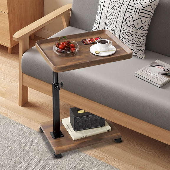 YUCHANG C Shaped End Table with groove, 15''L x 12''W x 17~31''H, wood Brown,Vintage Side Couch Table for Living Room, Bedroom