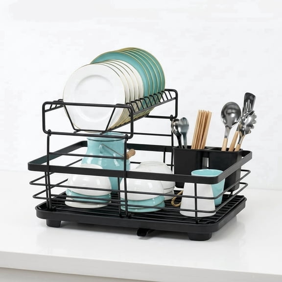 YUCHANG Carbon Steel Kitchen Drain Rack, Double Layer Black Dish Drying Rack with Removable Water Outlet, 17"x12"x10", For Plates & Utensils