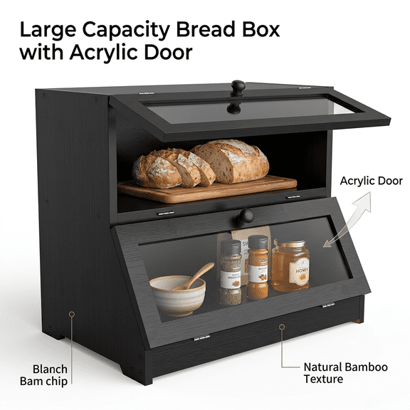 YUCHANG Double Layer Bamboo Bread Box -Large Capacity Bread Storage Container for Kitchen Counter,with Acrylic Door Panel Family Gift(Black)