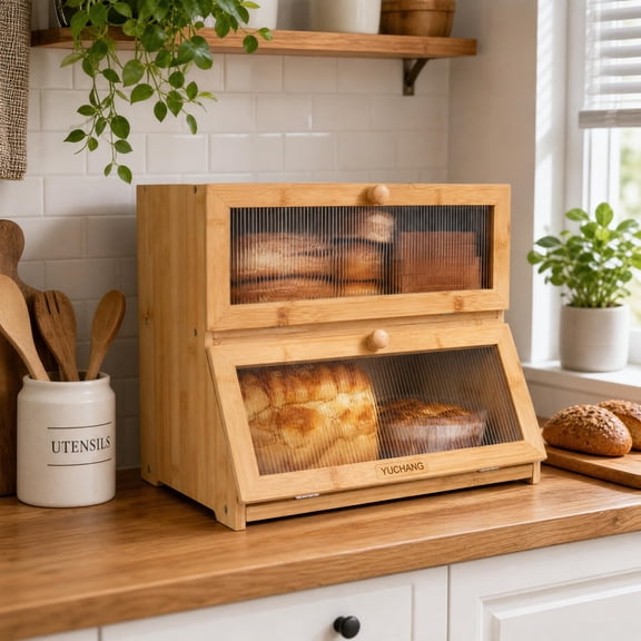 YUCHANG Double Layer Bamboo Bread Box -Large Capacity Bread Storage Container for Kitchen Counter,with Acrylic Door Panel Family Gift(Wood)