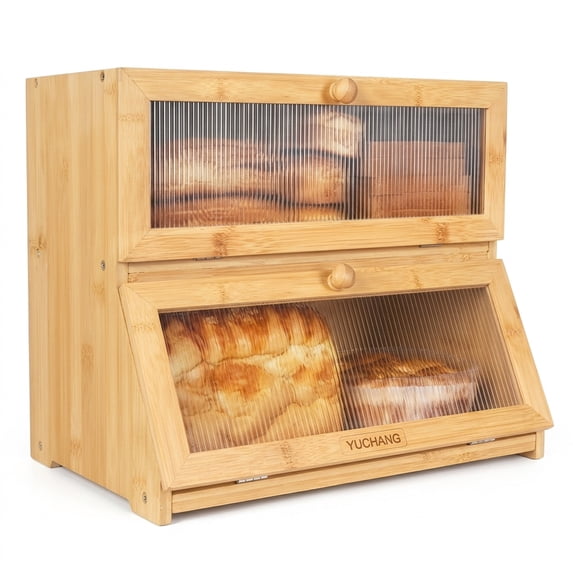 YUCHANG Double Layer Bamboo Bread Box -Large Capacity Bread Storage Container for Kitchen Counter,with Acrylic Door Panel Family Gift(Wood)
