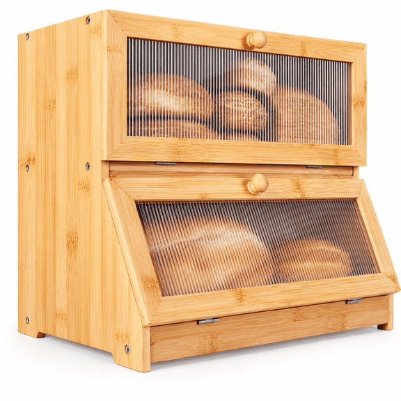 YUCHANG Bamboo Bread Box for Kitchen Counter, Double Layer Bread Storage Container with Acrylic Door Panel, Natural Wood, 15.75"W x 9.85"D x 12.99"H