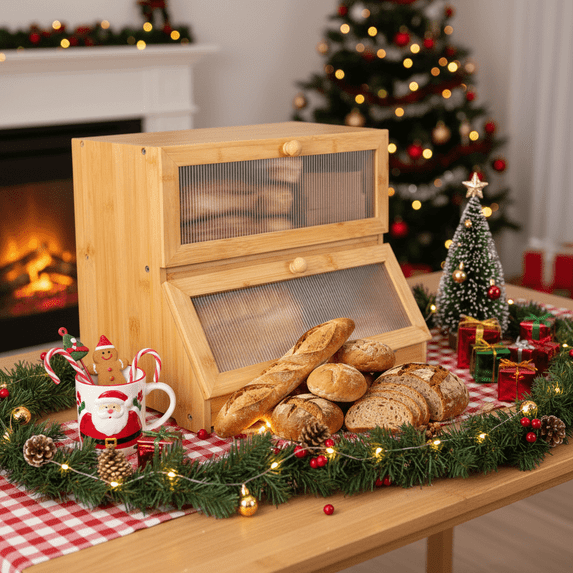 YUCHANG Double Layer Bamboo Bread Box -Large Capacity Bread Storage Container for Kitchen Counter,with Acrylic Door Panel Family Gift(Wood)