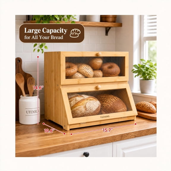YUCHANG Double Layer Bamboo Bread Box -Large Capacity Bread Storage Container for Kitchen Counter,with Acrylic Door Panel Family Gift(Wood)