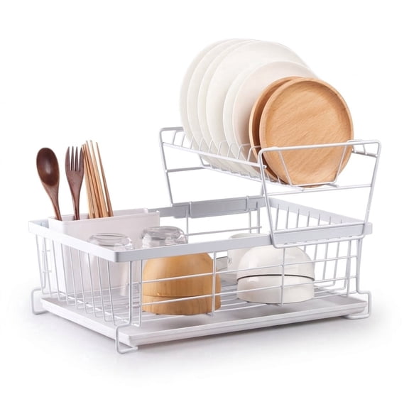 YUCHANG Double Layer Carbon Steel Kitchen Dish Drying Rack with Drain Tray, Rustproof Utensil Organizer, 17"x11"x11", White