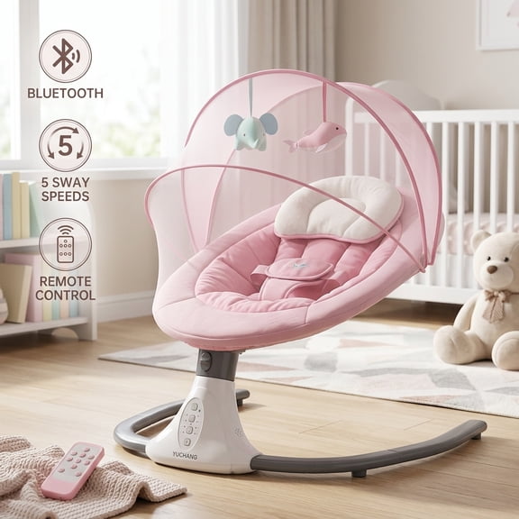 YUCHANG Electric Baby Swings for Boys and Girls ,Remote Control Baby Rocker with 5 Sway Speeds,Bluetooth Swing for Infants(0 - 12 Months),Pink