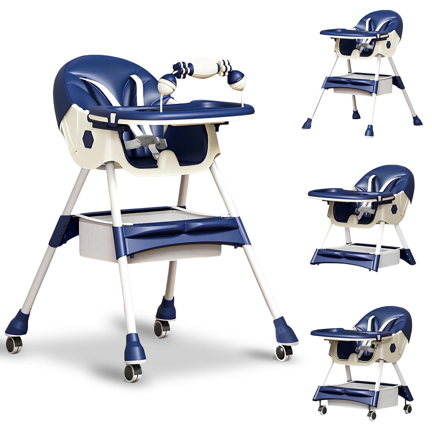 YUCHANG Foldable  4-in-1 Baby High Chair with Wheels for Infants & Toddlers (0-4 Years) Height Adjustable ,with 5-point Safety Belt(Blue)