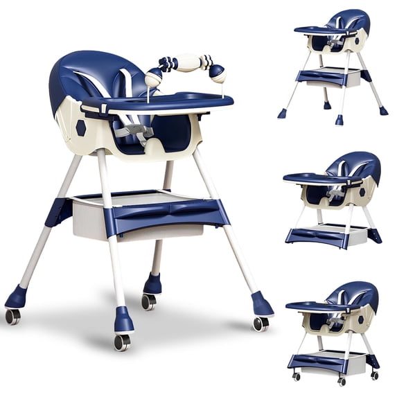 YUCHANG Foldable 4-in-1 Baby High Chair with Wheels for Infants & Toddlers (0-4 Years) Height Adjustable ,with 5-point Safety Belt(Blue)