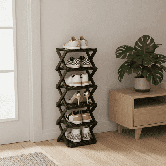 YUCHANG Foldable 6-Layers Black Shoes Rack-Bamboo Shoes Organizer for Entryway ,Free Standing Rack