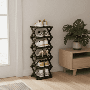 YUCHANG Foldable 6-Layers Black Shoes Rack-Bamboo Shoes Organizer for Entryway ,Free Standing Rack