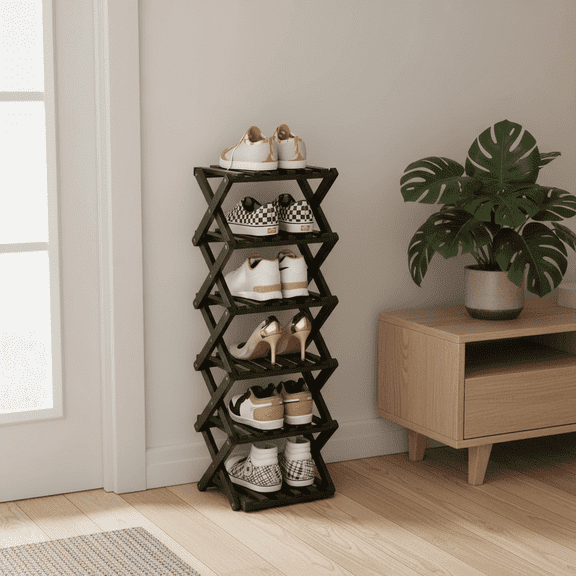 YUCHANG Foldable 6-Layers Black Shoes Rack-Bamboo Shoes Organizer for Entryway ,Free Standing Rack