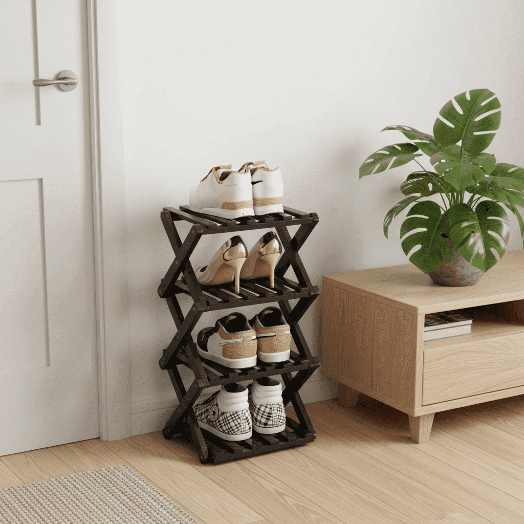 YUCHANG Foldable Shoes Rack,Bamboo Shoes Organizer for Entryway ,Free Standing Rack,4-Layers ,Black