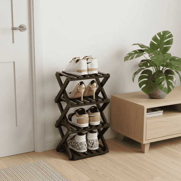 YUCHANG Foldable Shoes Rack,Bamboo Shoes Organizer for Entryway ,Free Standing Rack,4-Layers ,Black