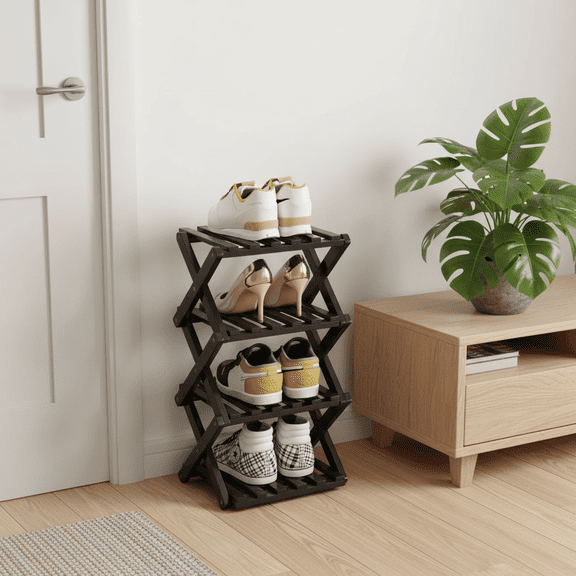 YUCHANG Foldable Shoes Rack,Bamboo Shoes Organizer for Entryway ,Free Standing Rack,4-Layers ,Black