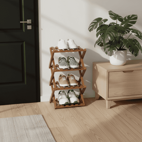 YUCHANG Foldable Shoes Rack,Bamboo Shoes Organizer for Entryway ,Free Standing Rack,4-Layers ,tawny