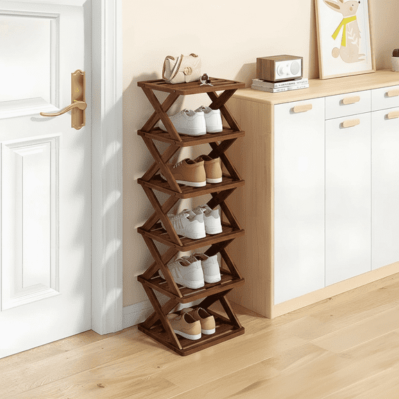 YUCHANG Foldable Shoes Rack,Bamboo Shoes Organizer for Entryway ,Free Standing Rack,6-Layers ,tawny