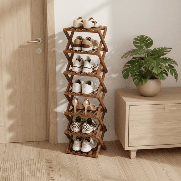 YUCHANG  Foldable Shoes Rack,Bamboo Shoes Organizer for Entryway ,Free Standing Rack,7-Layers ,tawny