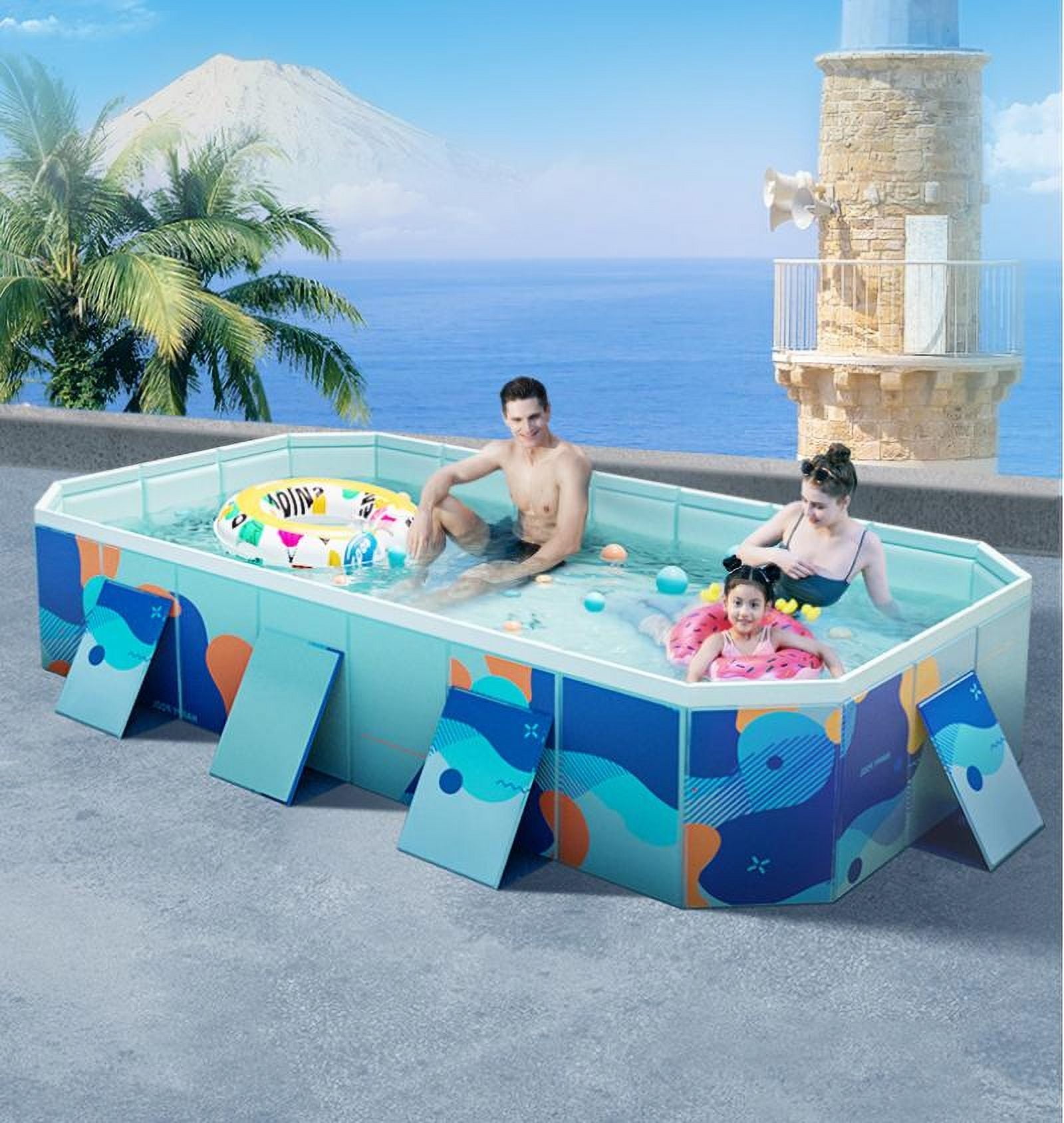 YUCHANG Foldable Swimming Pool, Large Non-inflatable Adults Kids Outdoor Pools, with Fix Patches & Stable Triangular Braces, Cartoon Blue (118" x 66" x 20")