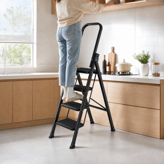 YUCHANG Folding Step Ladder for Home, 3-Step Anti-Slip Safety Ladder with Wide Steps, Steel Home Improvement Ladder for Kitchen and Office
