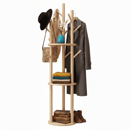 YUCHANG Freestanding Rotary Coat Rack with 3 Shelves and 9 Hooks for Coats, Scarves, Handbags, Coat Tree for Bedroom, Entryway, Livingroom (Natural)