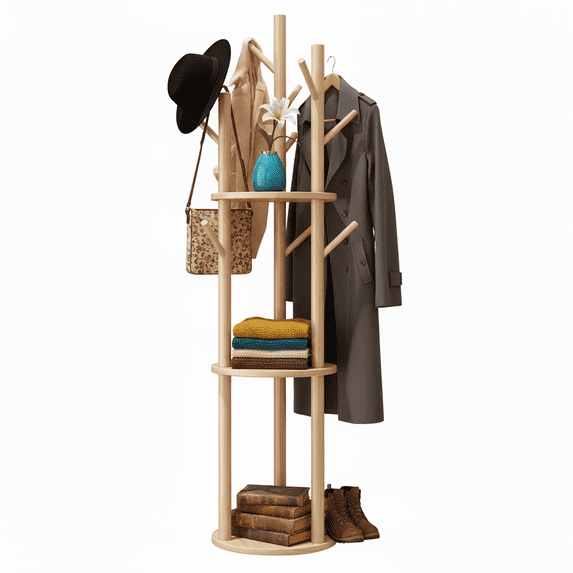 YUCHANG Freestanding Rotary Coat Rack with 3 Shelves and 9 Hooks for Coats, Scarves, Handbags, Coat Tree for Bedroom, Entryway, Livingroom (Natural)