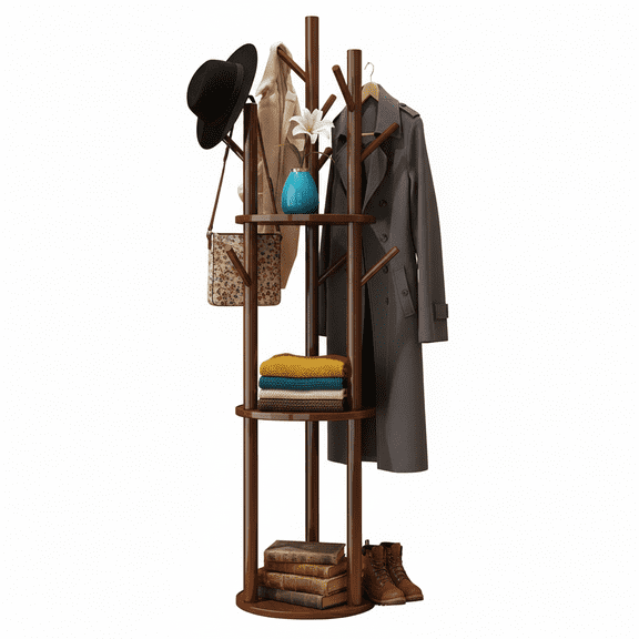 YUCHANG Freestanding Rotary Coat Rack with 3 Shelves and 9 Hooks for Coats, Scarves, Handbags, Coat Tree for Bedroom, Entryway, Livingroom (Walnut)