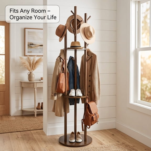 YUCHANG Freestanding Rotary Coat Rack with 3 Shelves and 9 Hooks for Coats, Scarves, Handbags, Coat Tree for Bedroom, Entryway, Livingroom (Walnut)