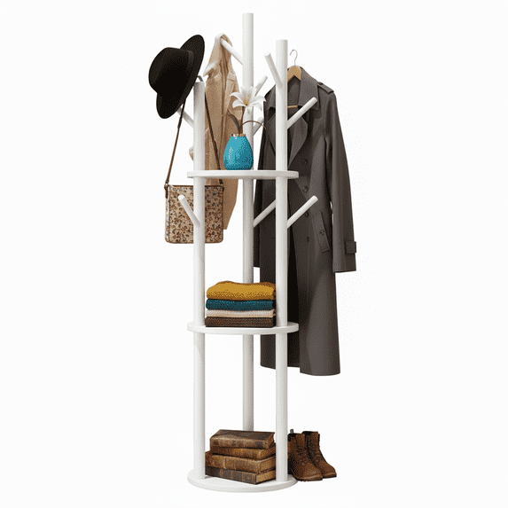 YUCHANG Freestanding Rotary Coat Rack with 3 Shelves and 9 Hooks for Coats, Scarves, Handbags, Coat Tree for Bedroom, Entryway, Livingroom (White)