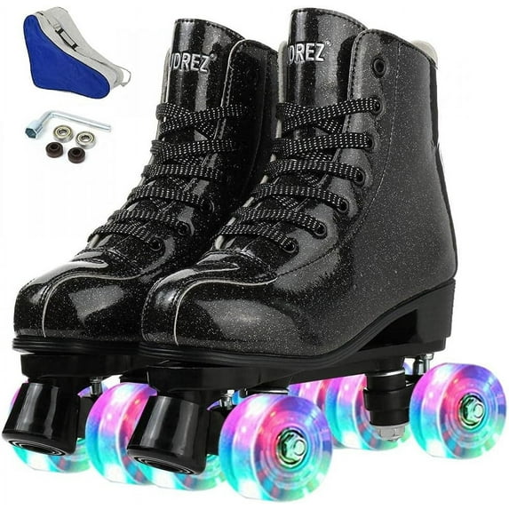 YUCHANG Light-up Roller Skates for Women and Men, LED Skates for Girls and Boys, Crystal Black Flash (Women's 4.5 / Men's 4)