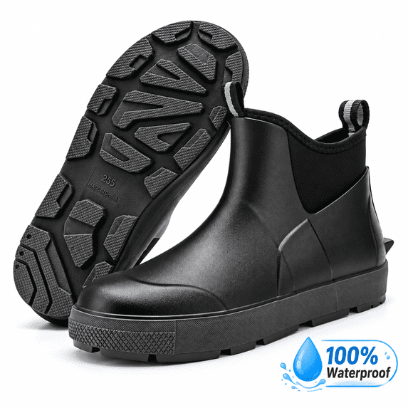 YUCHANG Men's Rain Boots,Deck Boots for Men,Outdoor Rubber Fishing Garden Waterproof Ankle Rain Boots with High Traction(Black,10.5)