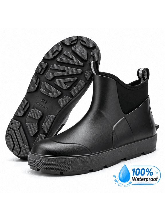 Men's Rain Boots,Deck Boots for Men,Outdoor Rubber Fishing Garden Waterproof Ankle Rain Boots with High Traction(Black,10.5)