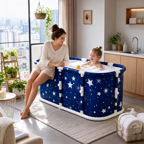 YUCHANG Portable Foldable Bathtub for Adults – Freestanding Soaking Tub with Stars Pattern, Blue