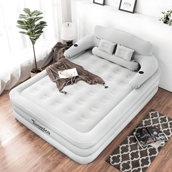 YUCHANG Queen Size Mattress with Armrest & Backrest, Inflatable Bed with Pillow for Home Guests, Soft Surface, Portable Design