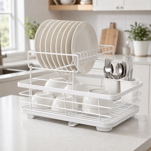 YUCHANG White Dish Drying Rack with Utensil Holder, Removable Drip Tray, 17"x12"x10" Kitchen Countertop Dish Rack Organizer for Plates, Cups & Bowls
