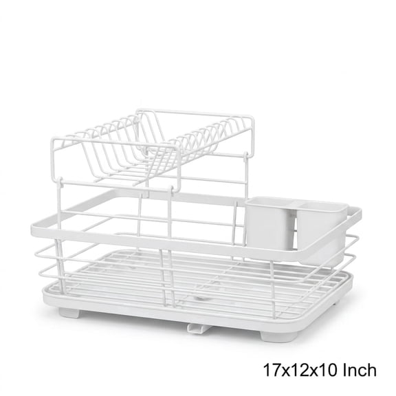 YUCHANG White Dish Drying Rack with Utensil Holder, Removable Drip Tray, 17"x12"x10" Kitchen Countertop Dish Rack Organizer for Plates, Cups & Bowls