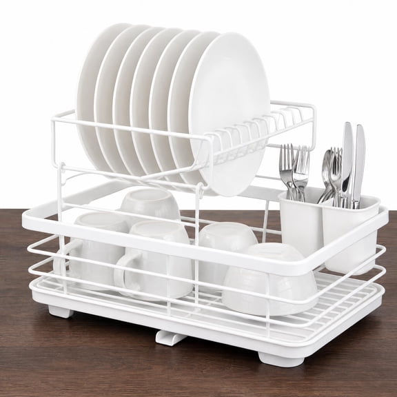 YUCHANG White Dish Drying Rack with Utensil Holder, Removable Drip Tray, 17"x12"x10" Kitchen Countertop Dish Rack Organizer for Plates, Cups & Bowls