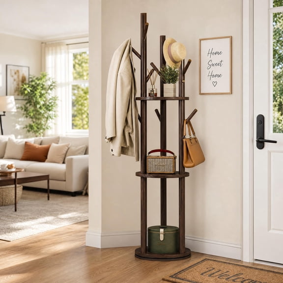 YUCHANG Rotary Coat Rack Freestanding Solid Pine Wood with 3 Shelves and 9 Hooks, 360° Swivel Coat Tree for Entryway Bedroom Living Room, Walnut