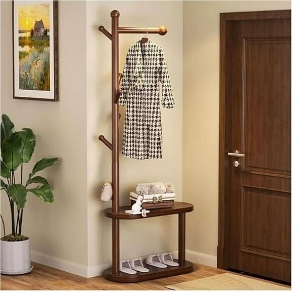 YUCHANG Wooden Freestanding Coat Rack, Large Mutil-function Entryway Hall Tree with Shoes Storage,Clothes Rack with Hooks Storage Layer (Walnut Color)