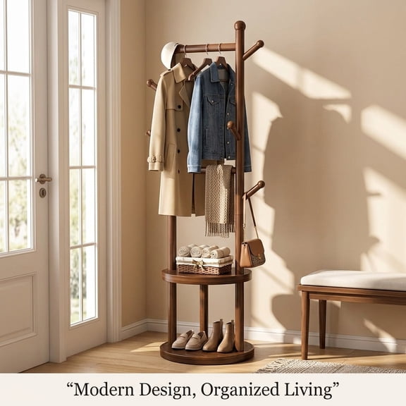 YUCHANG Wooden Freestanding Coat Rack, Mutil-function Entryway Hall Tree with Shoes Storage,Clothes Rack with Hooks Storage Layer (Walnut Color)