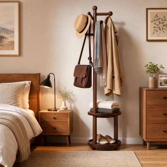 YUCHANG Wooden Freestanding Coat Rack, Mutil-function Entryway Hall Tree with Shoes Storage,Clothes Rack with Hooks Storage Layer (Walnut Color)