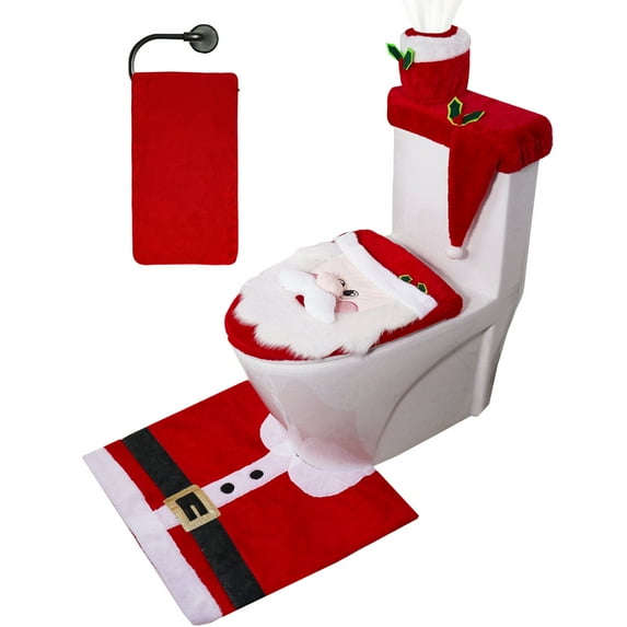 YUCHEN 5 Pieces Christmas Theme Bathroom Decoration Set w/Toilet Seat Cover, Rugs, Tank Cover, Toilet Paper Box Cover and Santa Towel for Xmas Indoor Décor, Party Favors (Santa)