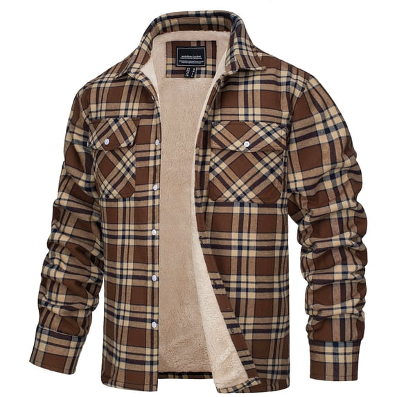 YUCOLEN Men's Fleece Lined Heavyweight Flannel Jacket Cotton Button Up Plaid Shirt Warm Thick Winter Coat Brown 2XL