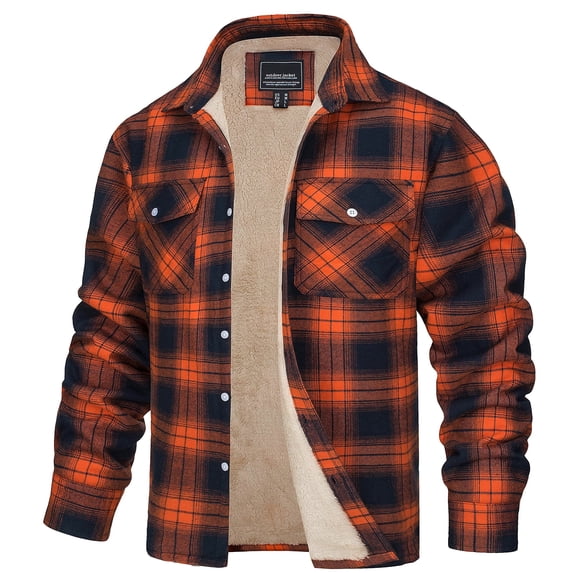 YUCOLEN Men's Fleece Lined Heavyweight Flannel Jacket Cotton Button Up Plaid Shirt Warm Thick Winter Coat Orange L