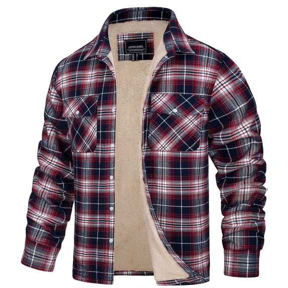 YUCOLEN Men's Fleece Lined Heavyweight Flannel Jacket Cotton Button Up Plaid Shirt Warm Thick Winter Coat Red 2XL